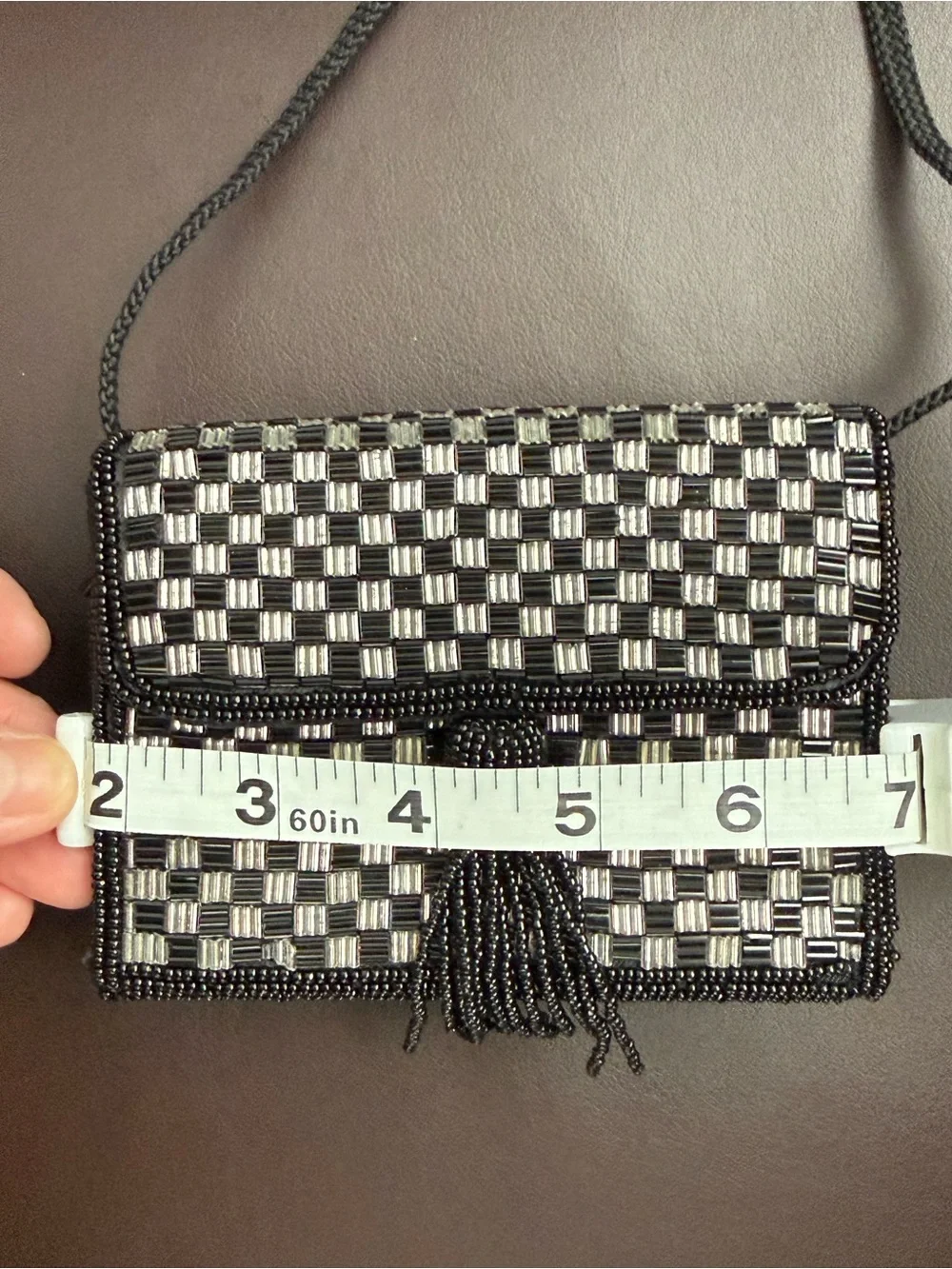 Vintage Magid Beaded Crossbody Bag Black Gold Checkerboard Tassel Evening Clutch